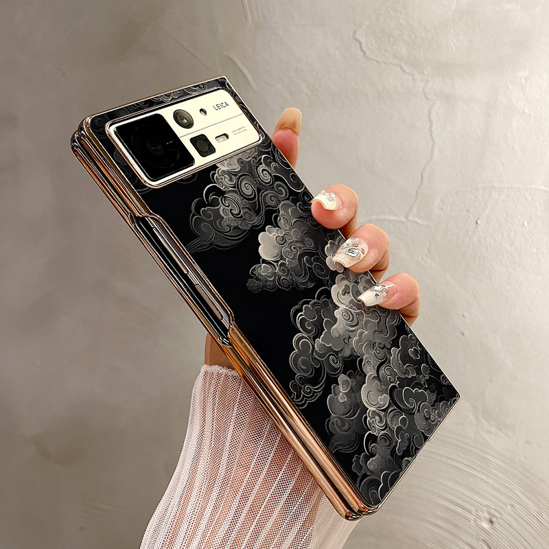热瓜适用于小米MIXFold4/mixfold3/mixfold2手机壳折叠屏保护套新款高档电镀金边全包防摔套质感黑底祥云图腾