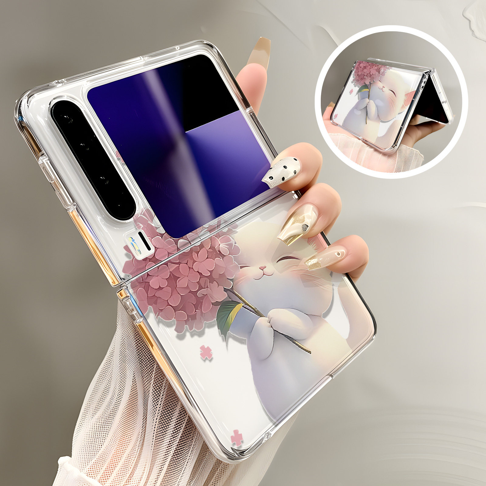 热瓜适用华为PuraXMax手机壳折叠保护套高级感UV透明壳新款PuraX典藏高档全包防摔套高级感可爱粉色花朵猫咪
