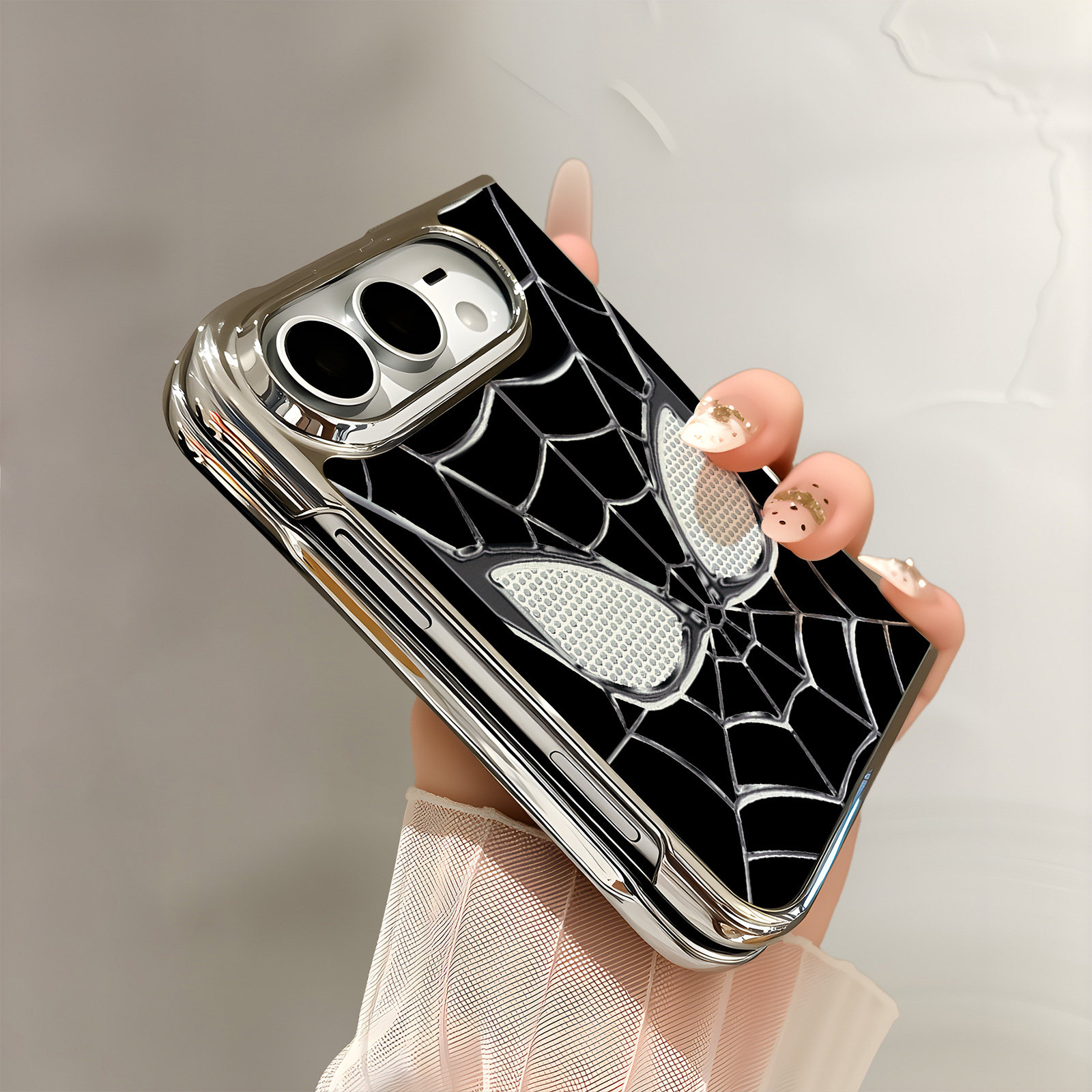 热瓜适用于苹果iPhoneDuo手机壳折叠保护套新款电镀皮纹/内置无线磁吸圈带前框高档全包防摔套蜘蛛网超级英雄