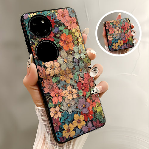 热瓜适用于华为Pocket2/P50pockets手机壳新款高档磁吸中轴皮纹折叠保护套全包高级感防摔套时尚满屏彩绘鲜花