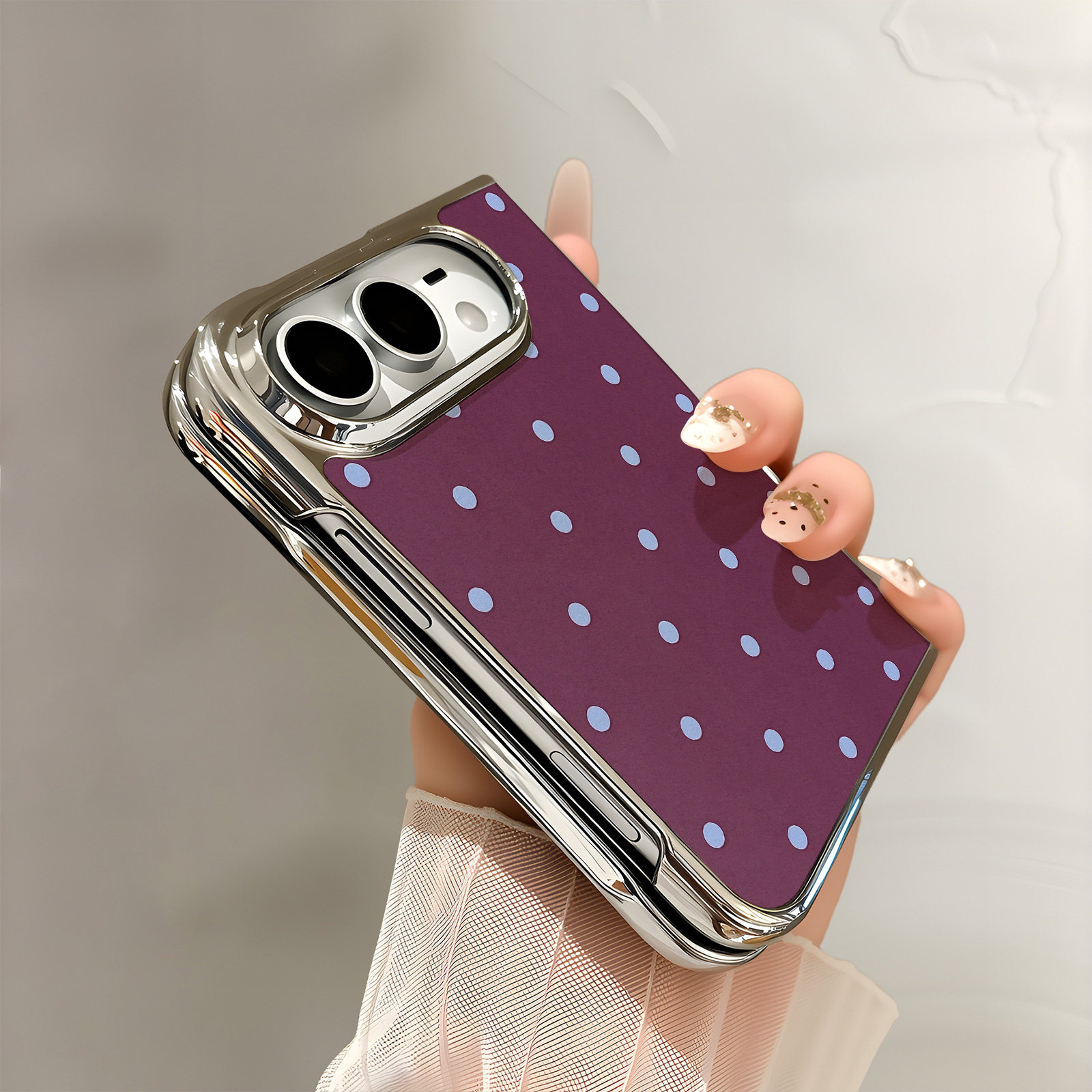 热瓜适用于苹果iPhoneDuo手机壳折叠屏保护套新款电镀皮纹/内置无线磁吸圈带前框高档全包防摔套酒红浅蓝波点