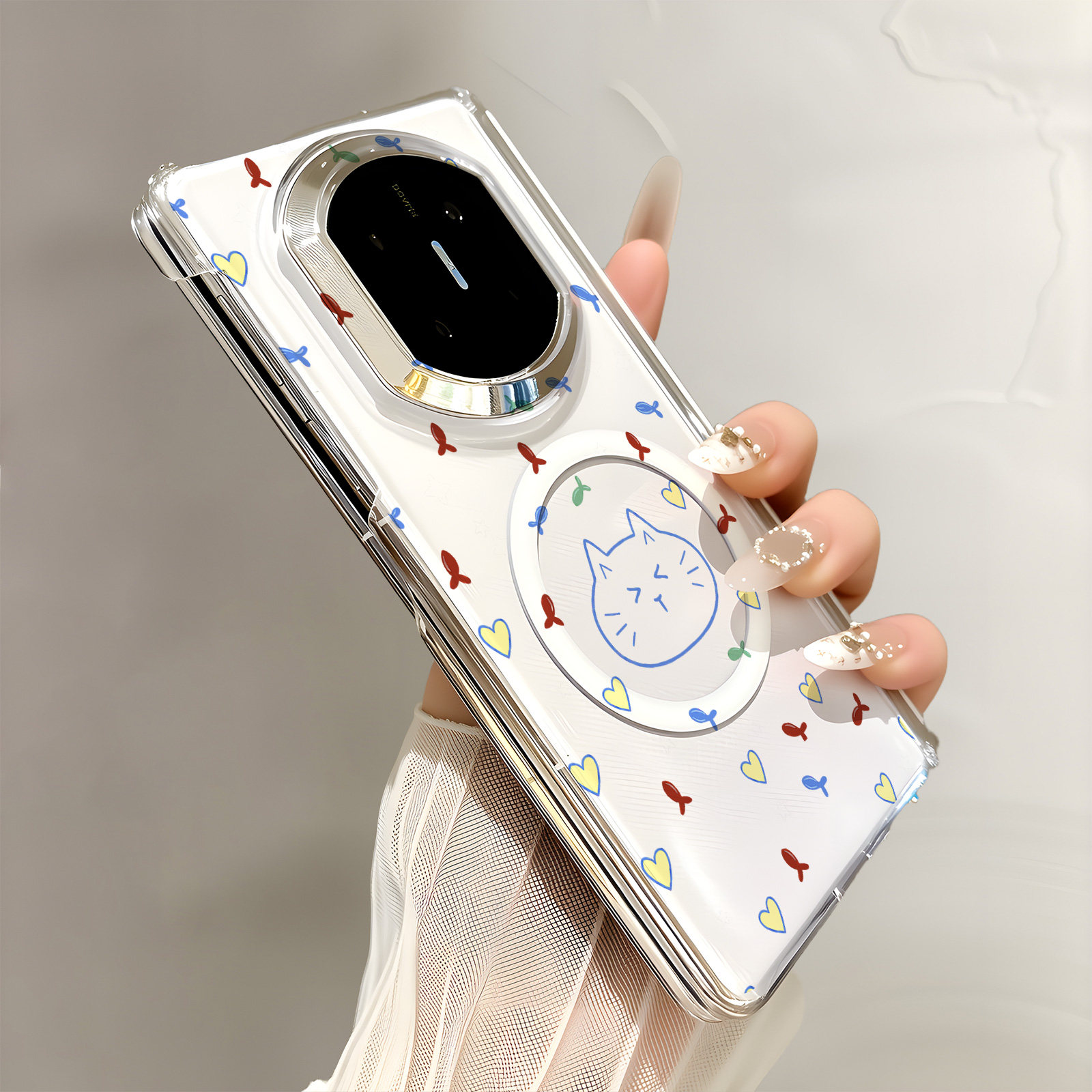 热瓜适用于华为MateX7/X6/X5手机壳折叠屏保护套新款双中轴背面无线磁吸UV透明壳高档全包防摔套线条小鱼猫咪