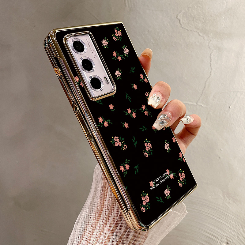 热瓜适用于荣耀MagicV5/V3/VS3/V2RSR/VS2手机壳折叠屏保护套新款高档气质电镀金边全包潮防摔套黑底粉色碎花