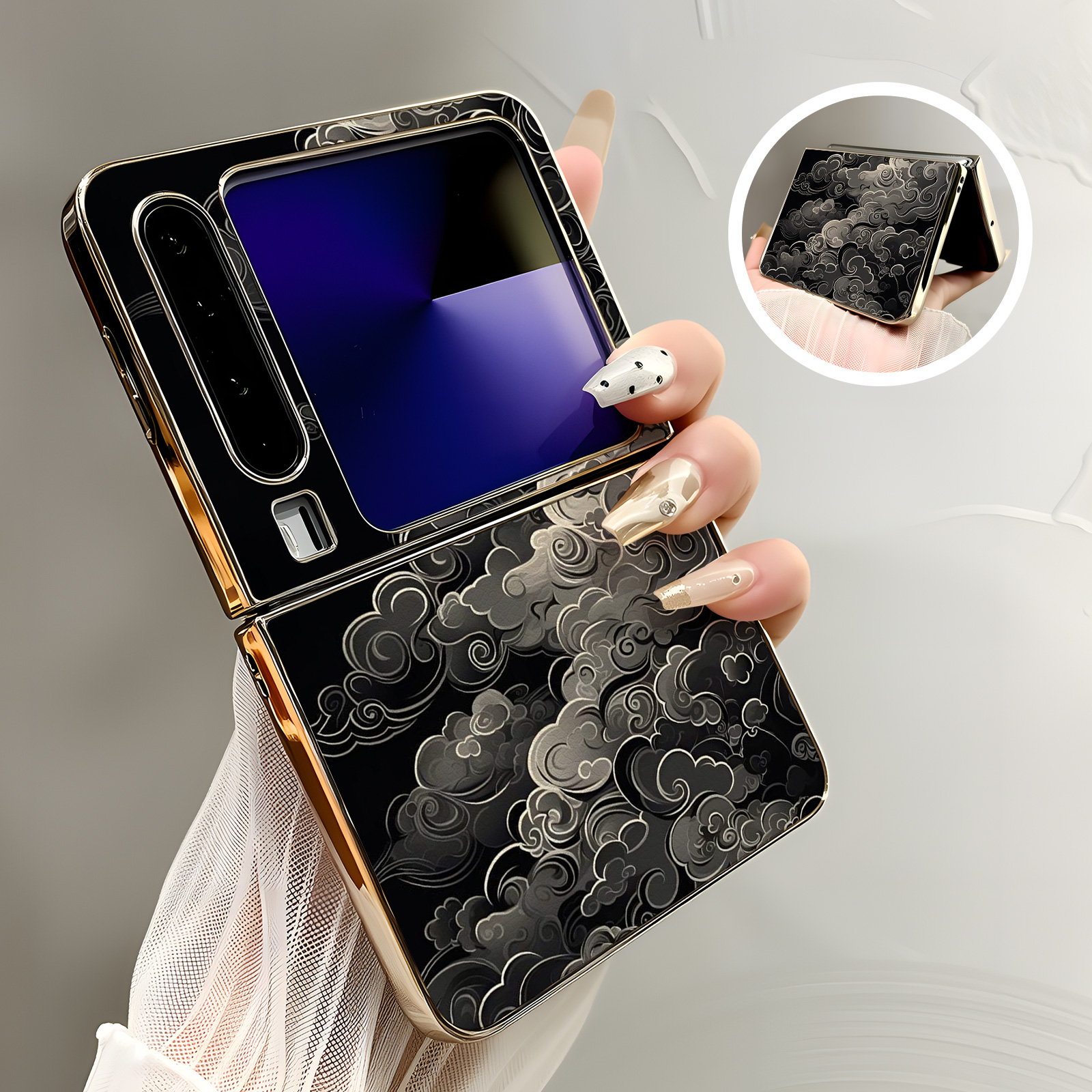 热瓜适用华为PuraX手机壳折叠保护套高级感气质电镀金边新款PuraX典藏高档全包防摔套高级感质感黑底祥云图腾