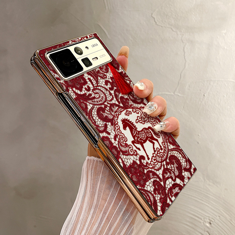 热瓜适用于小米MIXFold4/mixfold3/mixfold2手机壳折叠屏保护套新款高档气质电镀金边全包防摔套马年红色蕾丝