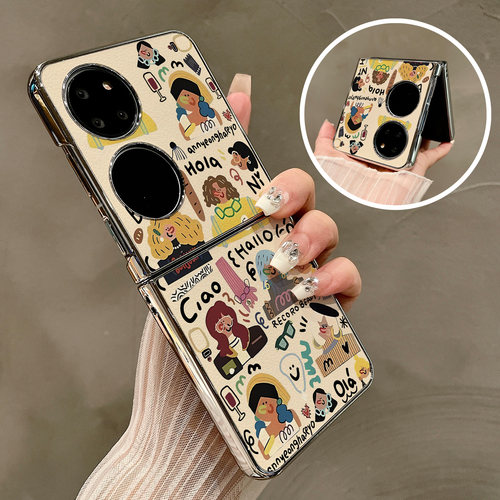 热瓜适用于华为P50pocket/Pocket2/pocketS手机壳折叠屏保护套新款气质高档电镀银边全包防摔套涂鸦卡通女孩