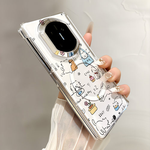 热瓜适用于华为MateX7/X6/X5手机壳折叠屏保护套新款双中轴背面无线磁吸UV透明壳高档全包防摔套可爱卡通小猫