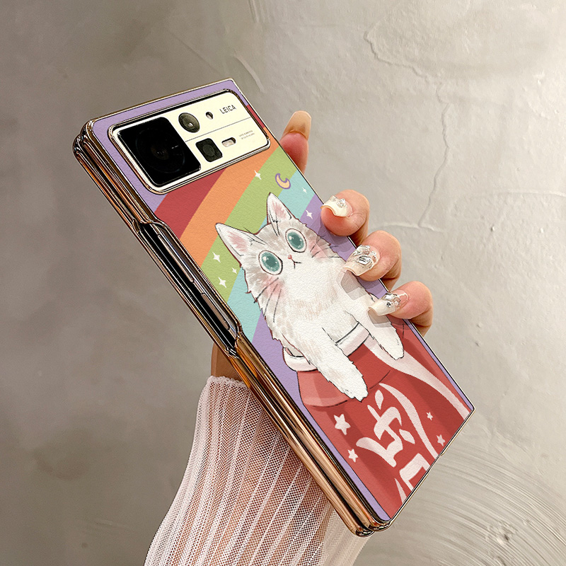 热瓜适用小米MIXFold4手机壳折叠屏保护套电镀可爱小猫咪彩虹金边新款气质mixfold3高档翻盖mixfold2全包潮套