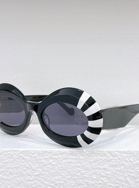 明星同款椭圆框太阳眼镜女40091时尚黑白条纹遮阳墨镜男绿玳瑁色