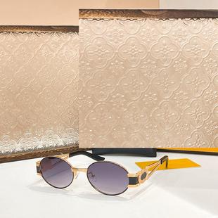金属椭圆小框太阳眼镜女7040时尚 复古风遮阳墨镜男防紫外线金灰银