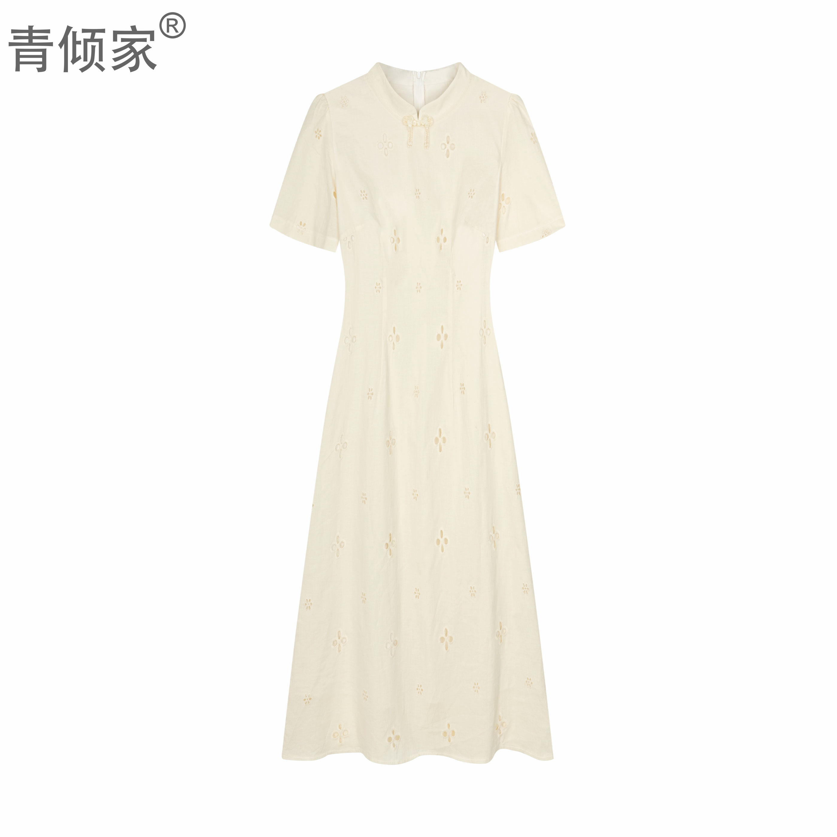 青倾家新中式绣花旗袍夏新款蕾丝短袖复古连衣裙少女款【云锦春华