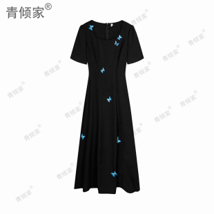 方领复古重工蝴蝶气质显瘦连衣裙 青倾家 蝴蝶少女 夏季 法式