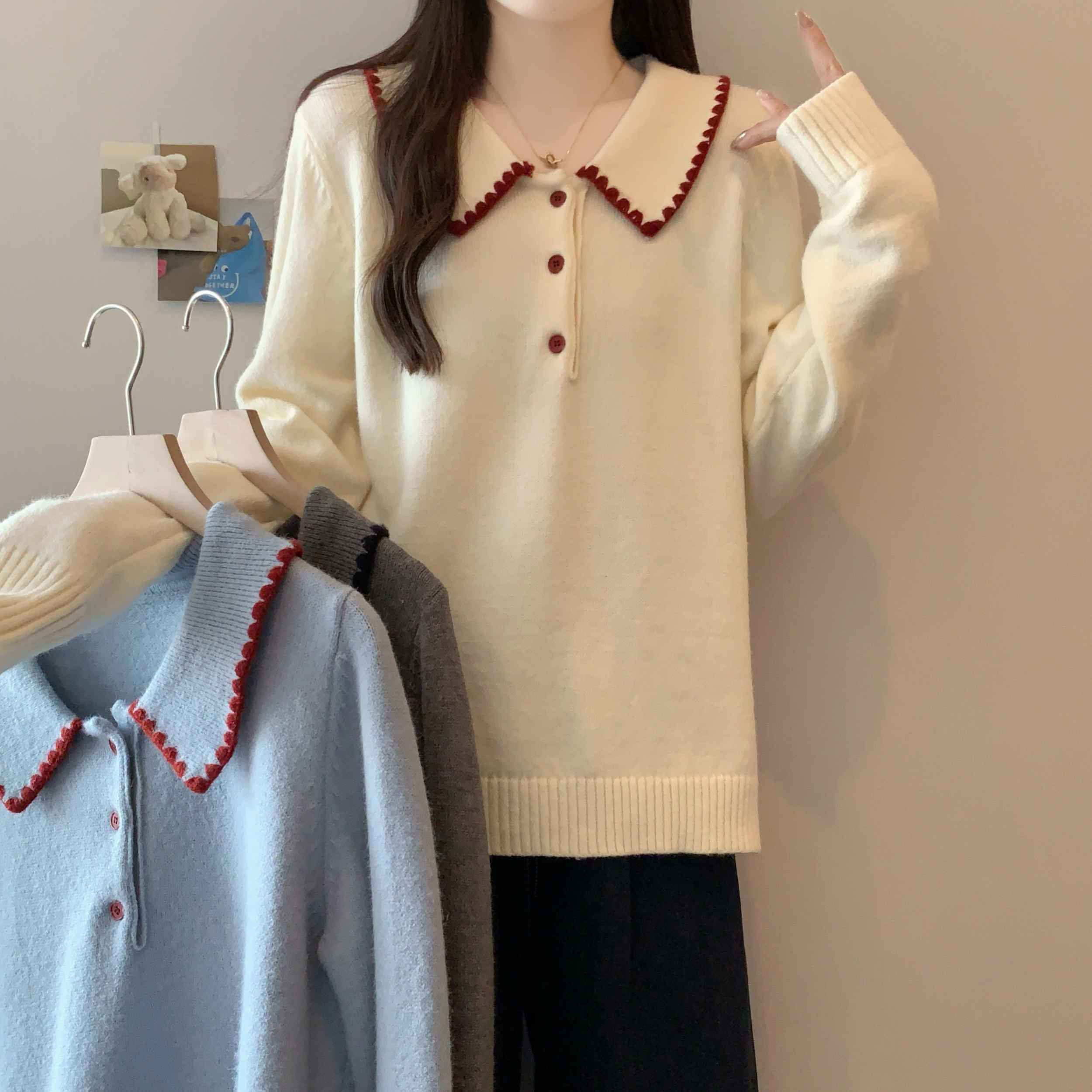 青倾家韩系甜美撞色翻领毛针织衫女设计感显瘦毛衣