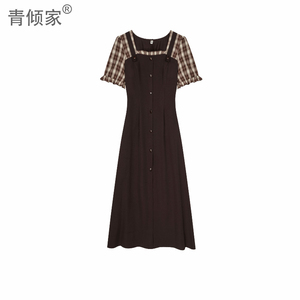 焦糖琥珀【青倾家】假两件连衣裙女2025夏季新款腰短袖可露丽短裙