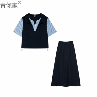 衬衫 青倾家初晴烟雨大码 假两件条纹拼接短袖 胖mm韩版 半裙 女装