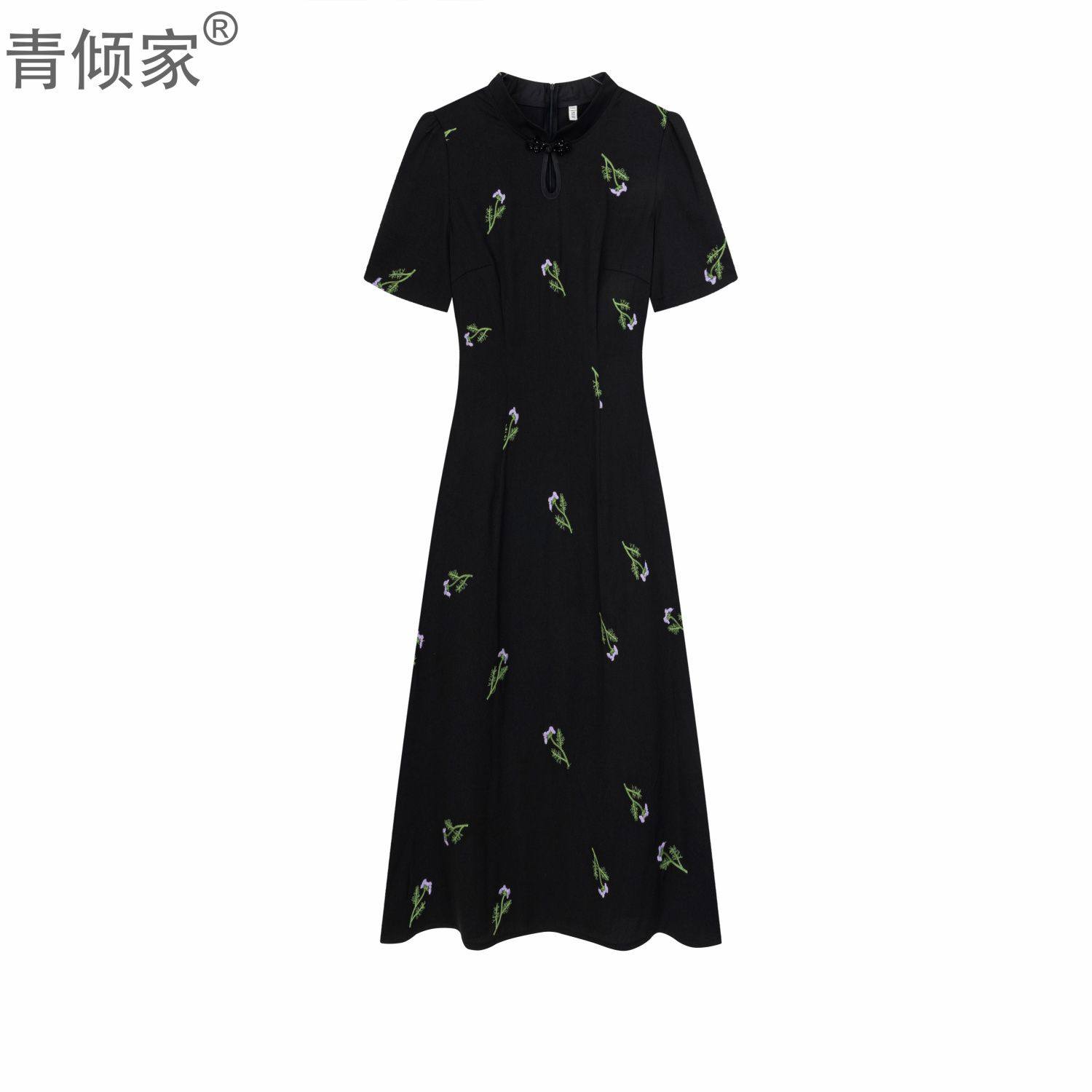 青倾家夏季中式黑色立领收腰a字裙花朵显瘦旗袍连衣裙【梦游仙境