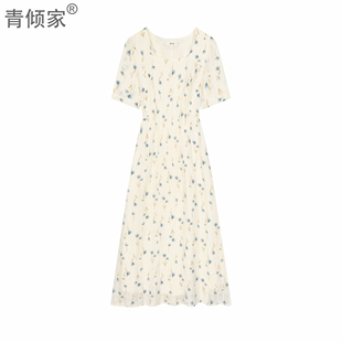 青倾家 云野清风 常规夏季 连衣裙碎花方领长裙印花旗袍法式