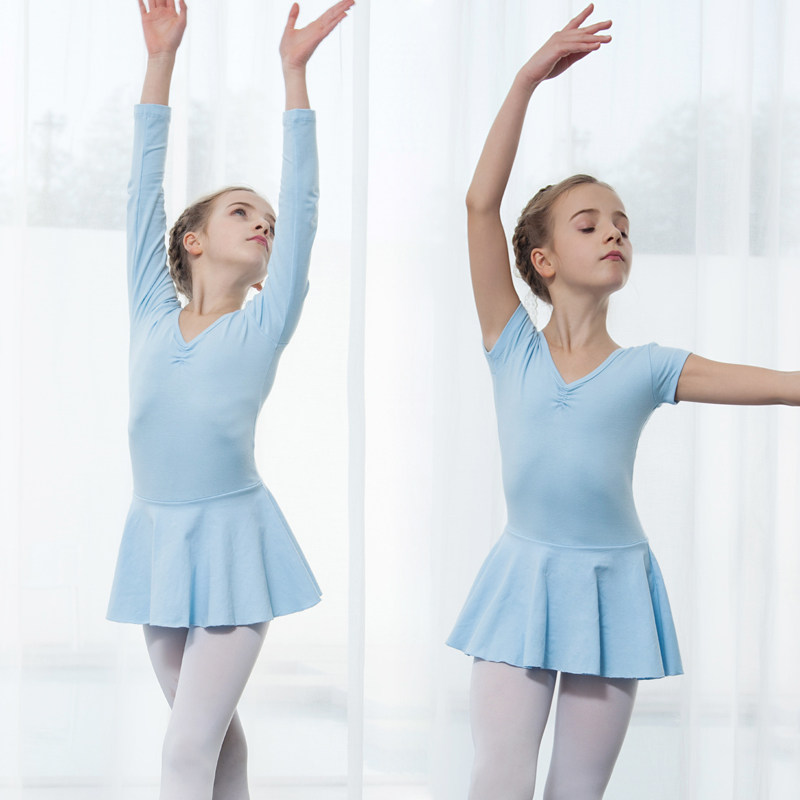 舞蹈练功服儿童夏季纯棉幼儿芭蕾舞裙短袖连体服考级服女孩跳舞裙