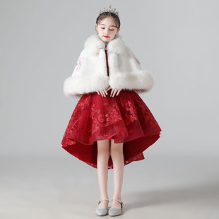 女童白色斗篷披肩秋冬季新款女孩公主冬装毛绒外搭披风短款小外套