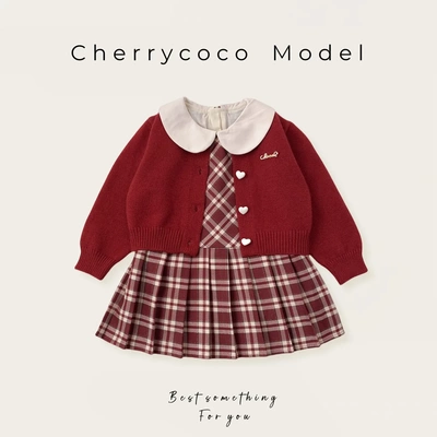 Cherrycoco秋冬新款女童针织外套金丝格纹气质百褶背心裙二件套