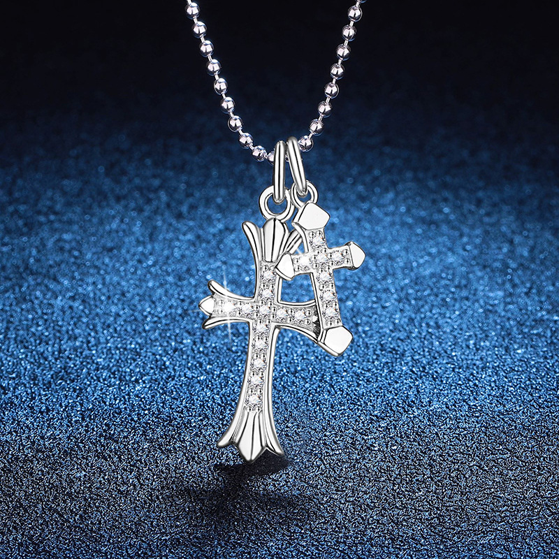 双十字架项链925纯银镶钻吊坠锁骨链潮流轻奢高级小众设计感礼物