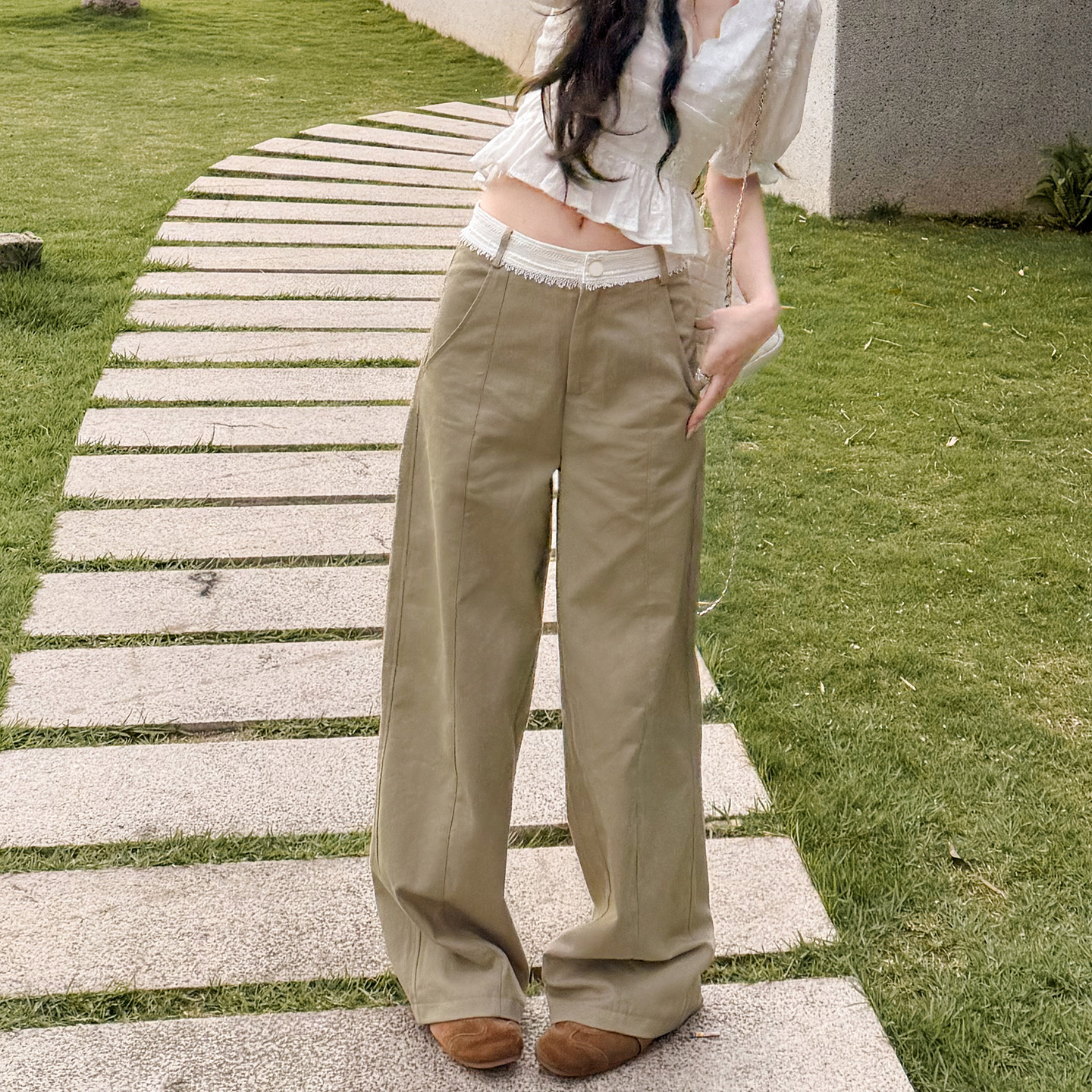 Morri chen原创设计师裤子女设计感蕾丝拼长裤阔腿宽松亚麻牛仔裤
