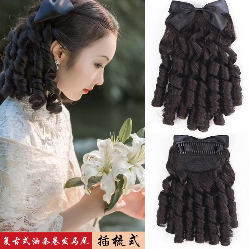 马尾假发女复古罗马卷宫延蝴蝶结假发民国风旗袍公主卷油条马尾