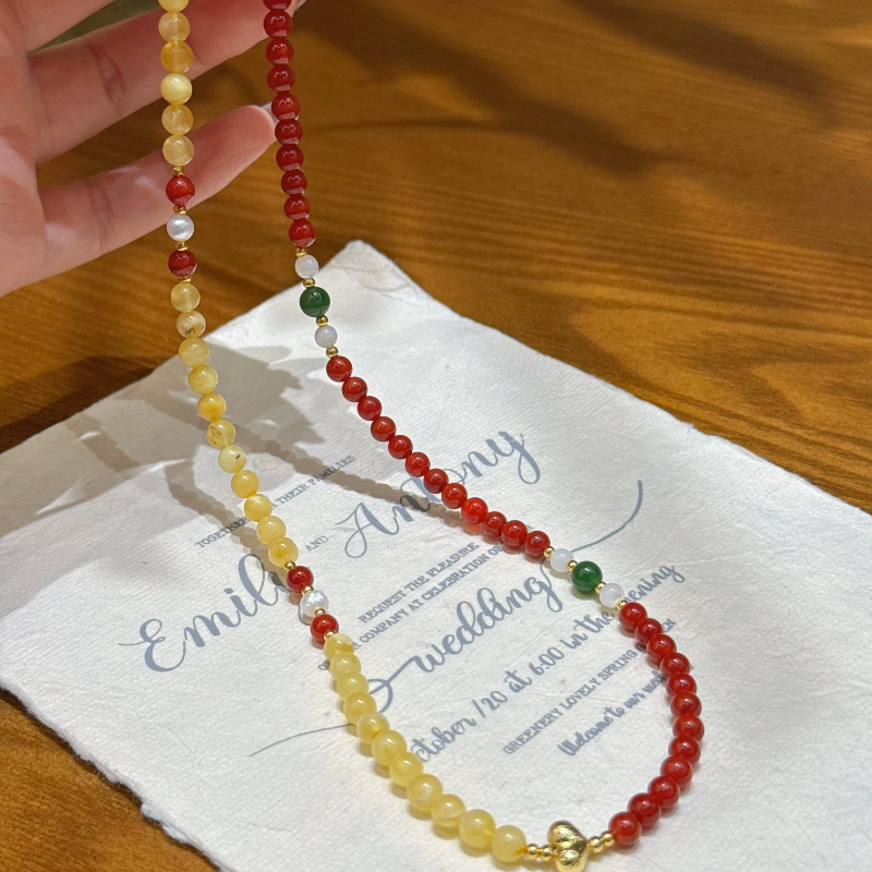 复古新中式天然蜜蜡搭配玛瑙碧玉珍珠项链女款串珠颈链显白锁骨链