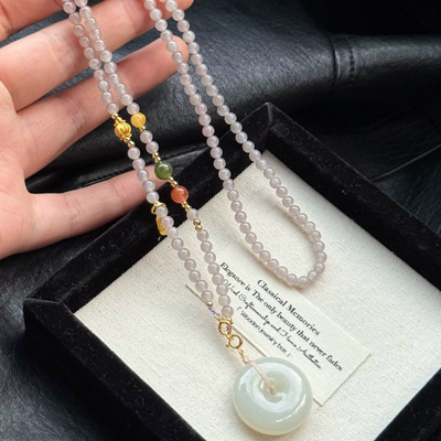 天然烟紫和田玉碧玉平安扣项链女款小众设计感锁骨链颈链饰品礼物