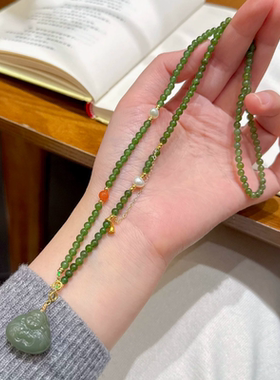 天然和田碧玉毛衣链小米珠和田玉佛公吊坠项链南红国风新中式女