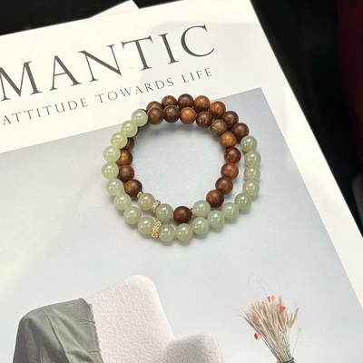 原创新中式天然晴水和田玉圆珠手链沉香双圈手串女款禅意玉石手饰