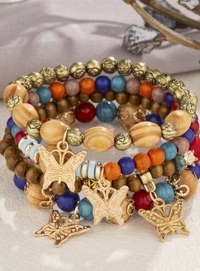 【珠黛饰品】新款多层木珠串珠手链女创意蝴蝶吊坠分层手链 10色