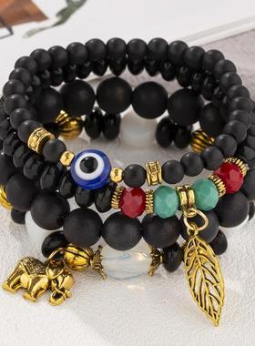【珠黛饰品】欧美时尚新款多层珠串手链小象树叶吊坠DIY手链 六色