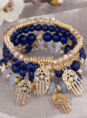 【珠黛饰品】波西米亚手链创意手掌水晶多层串珠时尚手链 九色