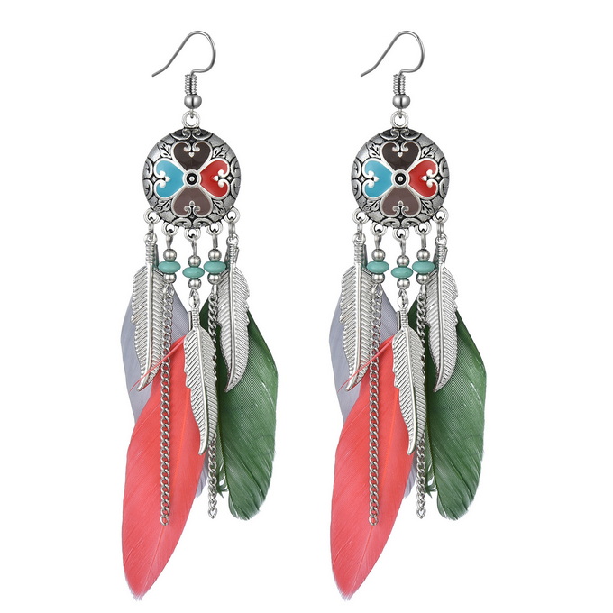 【珠黛饰品】新款圆形耳坠波西米亚时尚甜美羽毛耳环跨境  四色