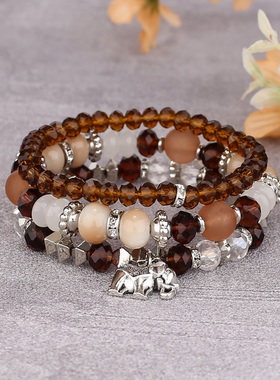 【珠黛饰品】水晶金属小象吊坠多层气质分层珠串弹力手链 六色