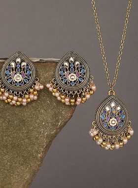 【珠黛饰品】欧美热卖民族风铃铛吊坠耳环耳钉夸张项链套装 三色