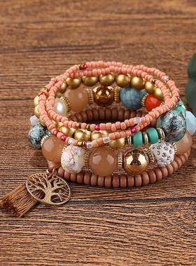 【珠黛饰品】欧美串珠手饰流苏生命之树吊坠分层水晶手链 九色