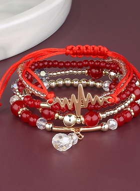 【珠黛饰品】简约波西米亚心电图吊坠套装跨境新款手链手镯 六色