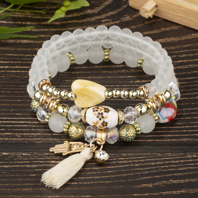 【珠黛饰品】波西米亚多层珠串爱心流苏分层水晶弹力手链 四色
