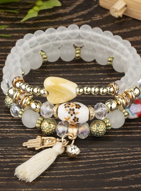 【珠黛饰品】波西米亚多层珠串爱心流苏分层水晶弹力手链 四色
