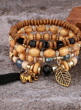 【珠黛饰品】欧美木珠串珠弹力手串小象吊坠流苏分层手链 七色