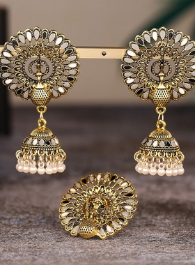 【珠黛饰品】复古波西米亚民族风夸张孔雀铃铛耳钉戒指套装 五色