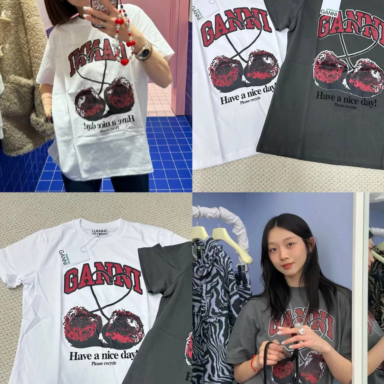 美国代购Ganni 24春季折扣 水果樱桃宽松圆领短袖套头T恤男女