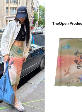 LISA同款 美国代购Theopenproduct复古狗狗涂鸦渐变半身裙长裙女