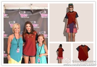 PU拼接条纹翻领短袖 Floor赛琳娜同款 T恤 Three 美国代购