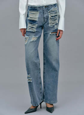 代购source unknown23春夏 毛边做旧深蓝色阔脚裤低腰长裤牛仔裤