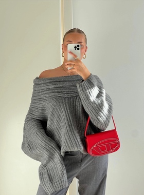 美国代购source unknown23春季不规则粗棒线露肩一字领廓形毛衣女