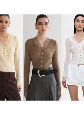 Source Unknown秋冬针织套头蕾丝边纽扣修身弹力上衣