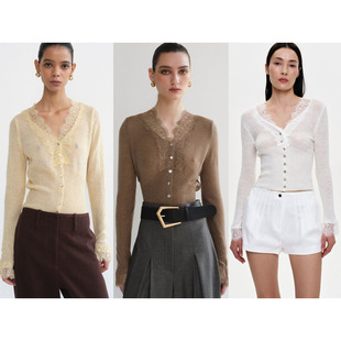 Source Unknown秋冬针织套头蕾丝边纽扣修身弹力上衣